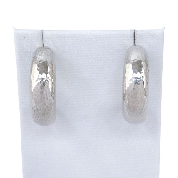 Estate Sterling Silver 925 Hammered Half Hoop Earrings - Picture 3 of 9